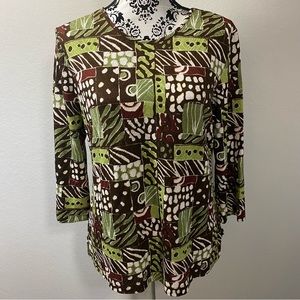 Koret Petite Top Size M PETITE 3/4 Sleeve Stretch Green Brown